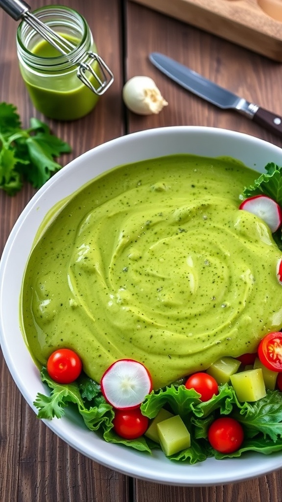 A bowl of creamy kale dressing drizzled over a fresh salad with colorful vegetables.